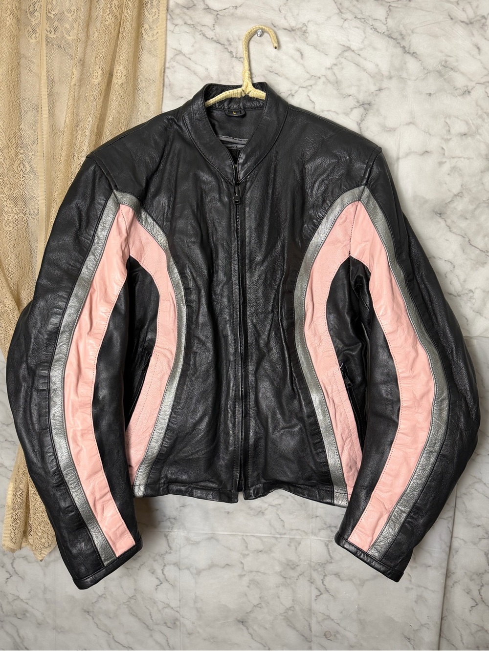 L Genuine Leather Pink Silver Black Motorcycle Biker Jacket Genuine Leathers